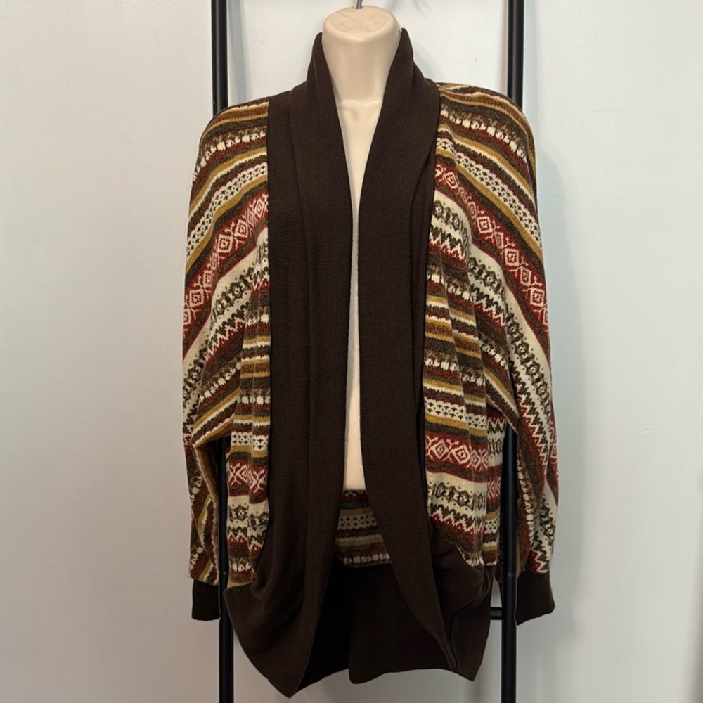 Vintage Feline Open Front Sweater Cardigan Knit Abstract Long Sleeve Women SZ M